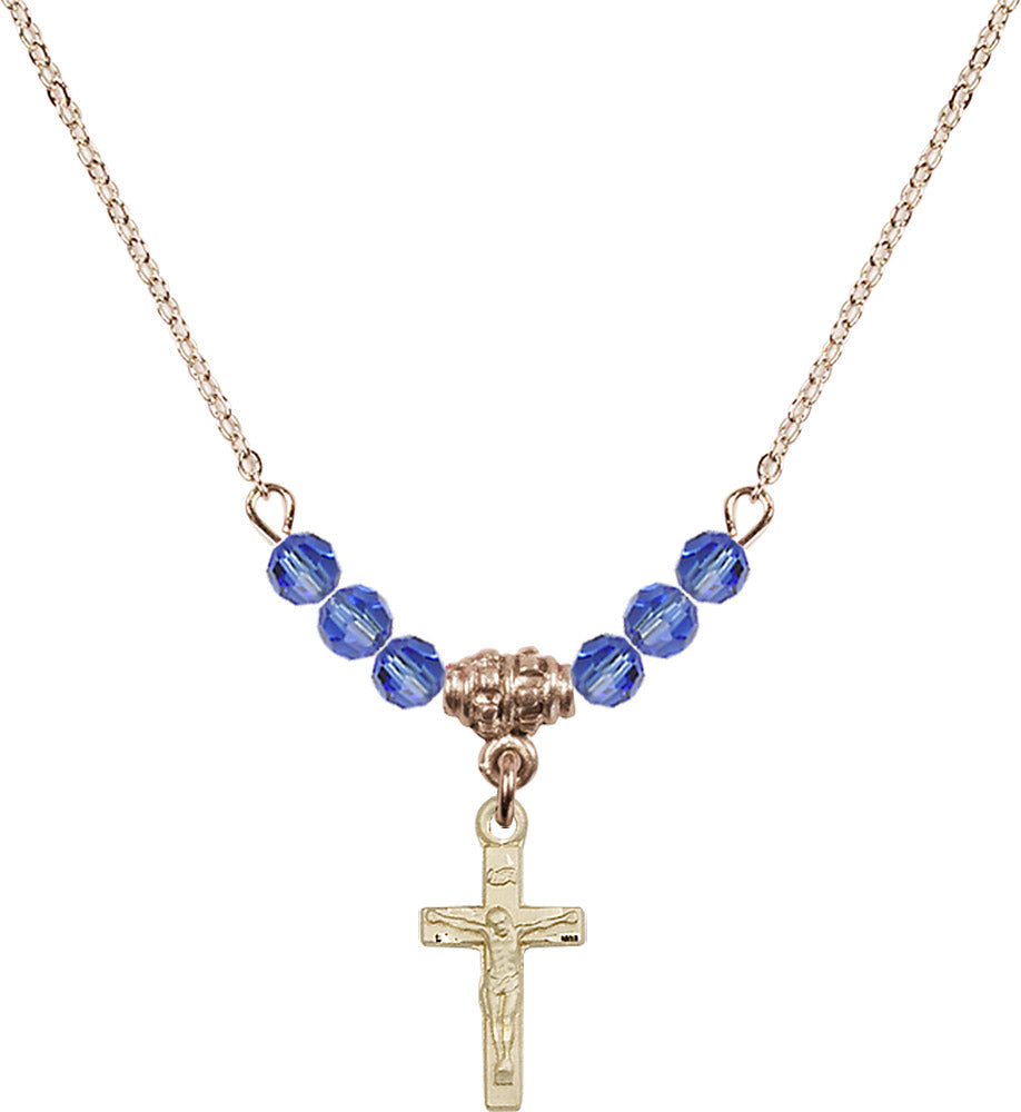 14kt Gold Filled Crucifix Birthstone Necklace with Sapphire Beads - 5417