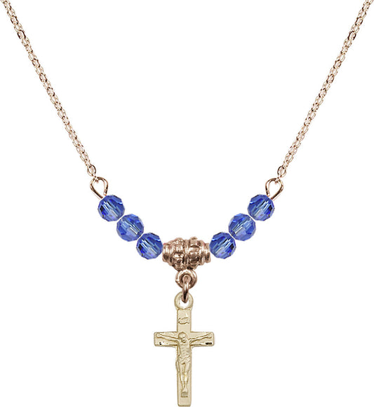 14kt Gold Filled Crucifix Birthstone Necklace with Sapphire Beads - 5417