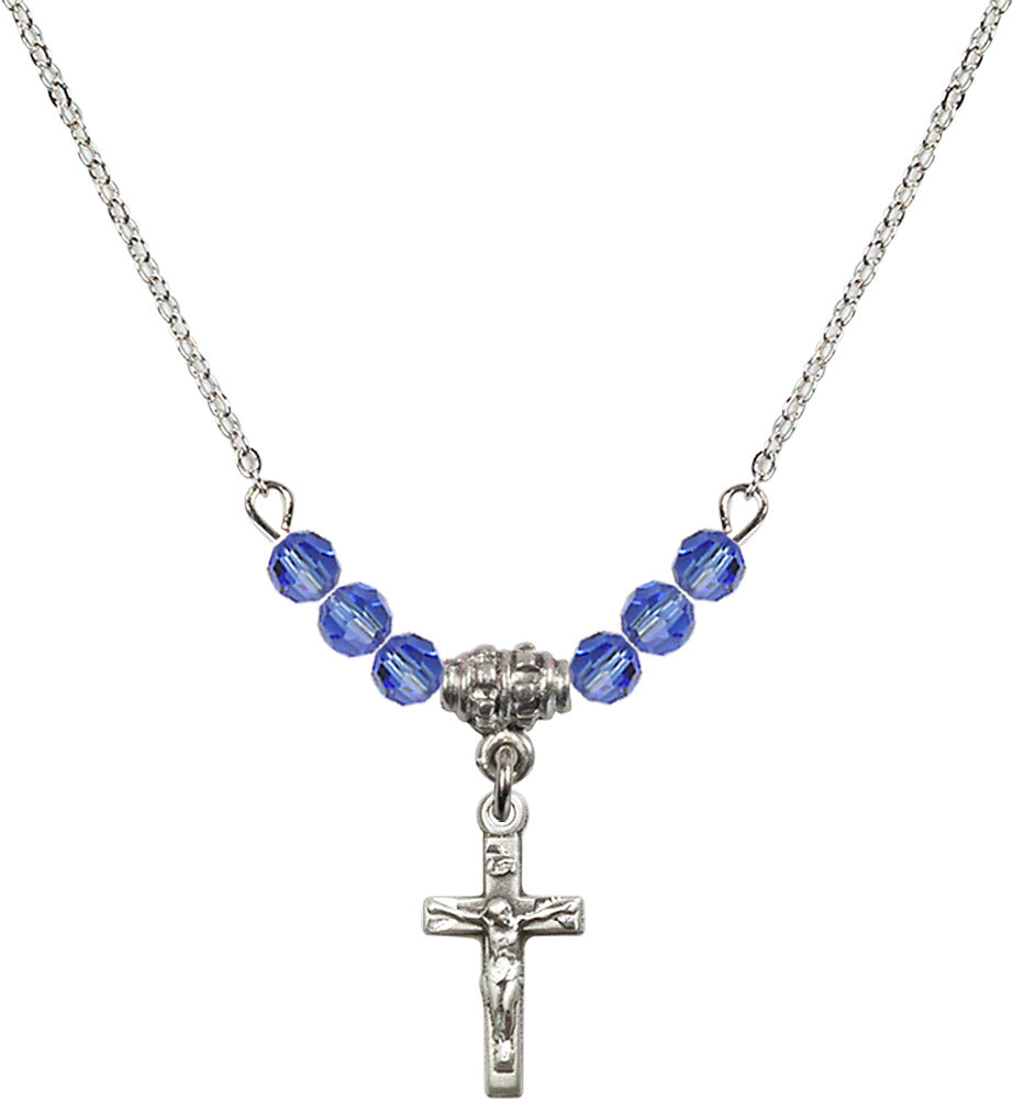 Sterling Silver Crucifix Birthstone Necklace with Sapphire Beads - 5417