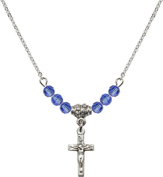 Sterling Silver Crucifix Birthstone Necklace with Sapphire Beads - 5417