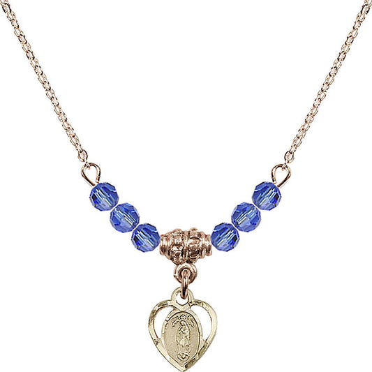14kt Gold Filled Our Lady of Guadalupe Birthstone Necklace with Sapphire Beads - 5422
