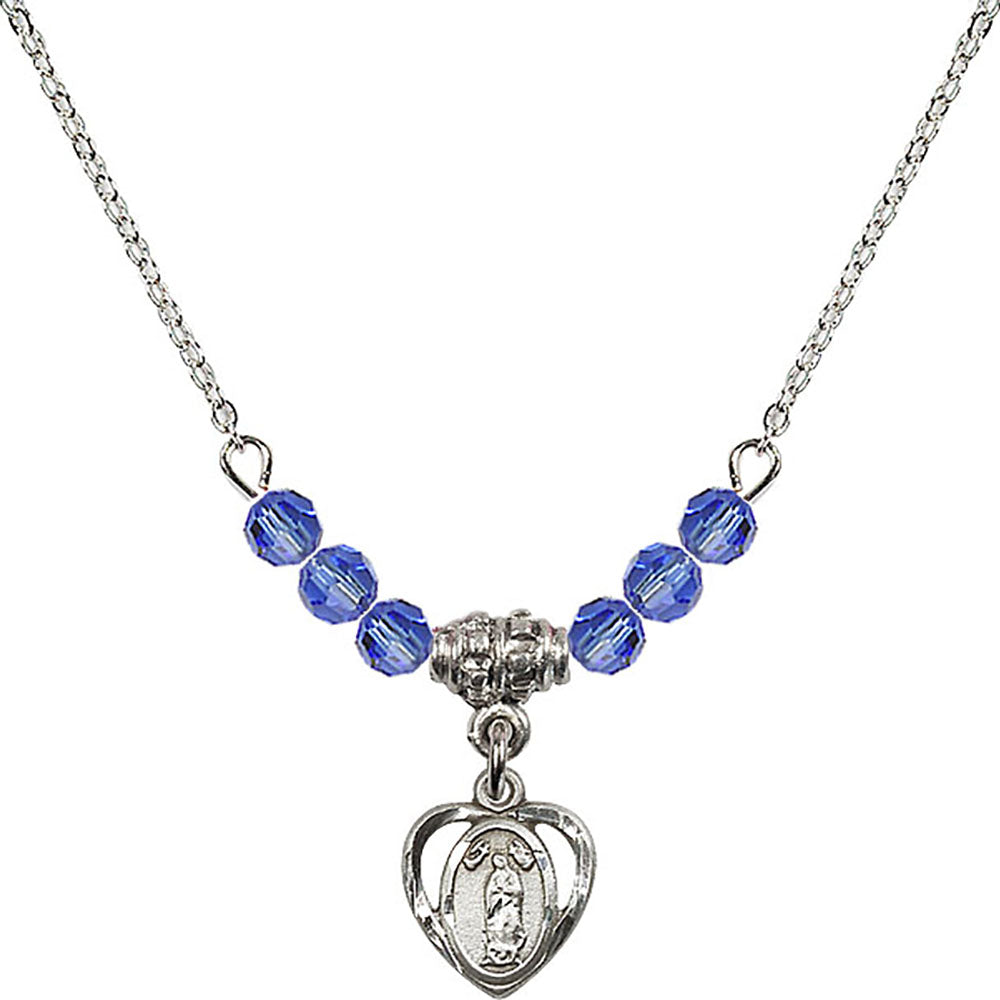 Sterling Silver Our Lady of Guadalupe Birthstone Necklace with Sapphire Beads - 5422
