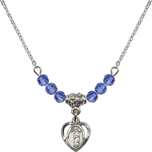 Sterling Silver Our Lady of Guadalupe Birthstone Necklace with Sapphire Beads - 5422