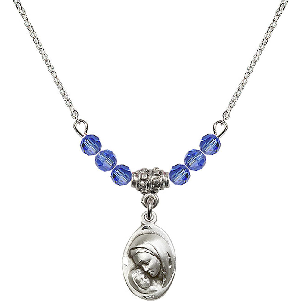 Sterling Silver Madonna & Child Birthstone Necklace with Sapphire Beads - 5447