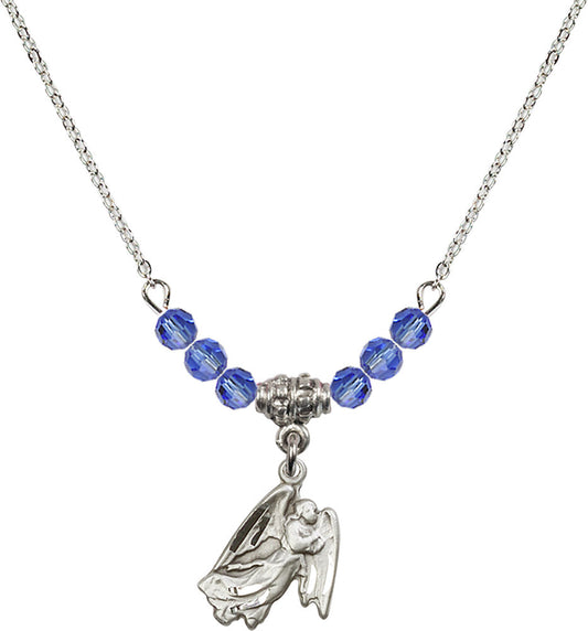 Sterling Silver Guardian Angel Birthstone Necklace with Sapphire Beads - 5642