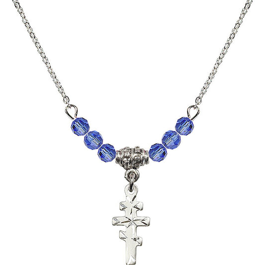 Sterling Silver Greek Orthadox Cross Birthstone Necklace with Sapphire Beads - 5654