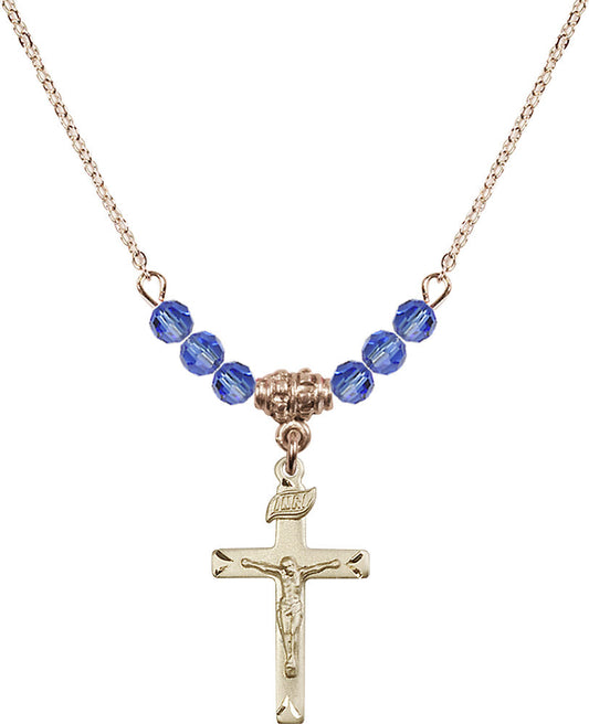 14kt Gold Filled Crucifix Birthstone Necklace with Sapphire Beads - 5668