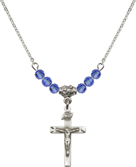 Sterling Silver Crucifix Birthstone Necklace with Sapphire Beads - 5668