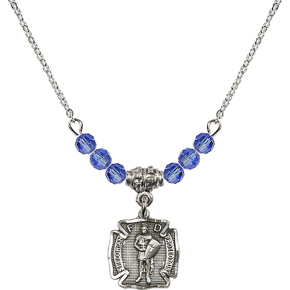 Sterling Silver Saint Florian Birthstone Necklace with Sapphire Beads - 5686