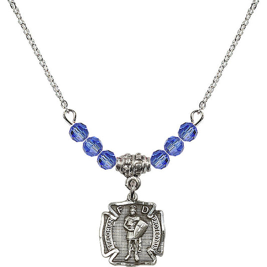 Sterling Silver Saint Florian Birthstone Necklace with Sapphire Beads - 5686