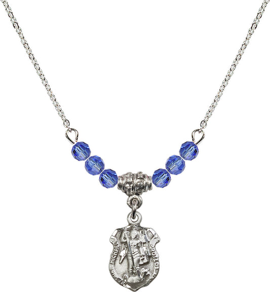 Sterling Silver Saint Michael the Archangel Birthstone Necklace with Sapphire Beads - 5699