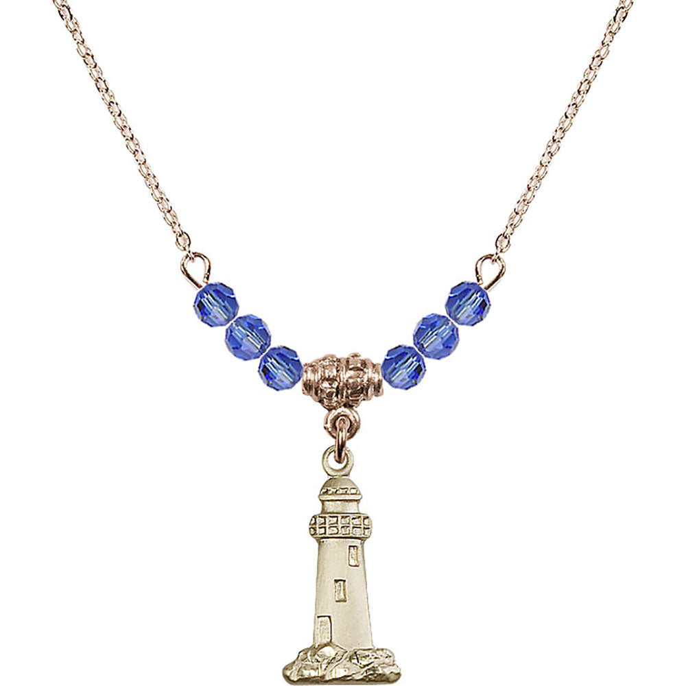 14kt Gold Filled Lighthouse Birthstone Necklace with Sapphire Beads - 5922