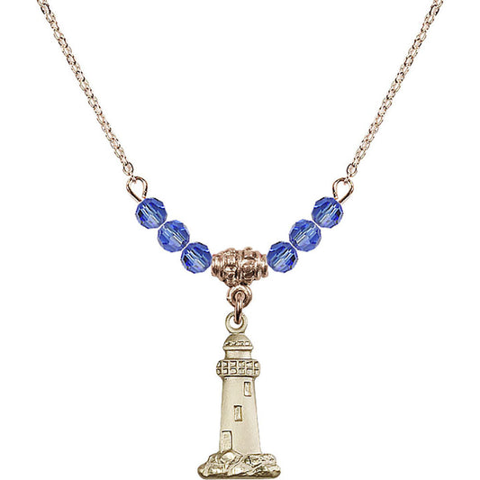 14kt Gold Filled Lighthouse Birthstone Necklace with Sapphire Beads - 5922