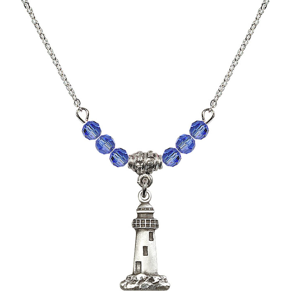 Sterling Silver Lighthouse Birthstone Necklace with Sapphire Beads - 5922
