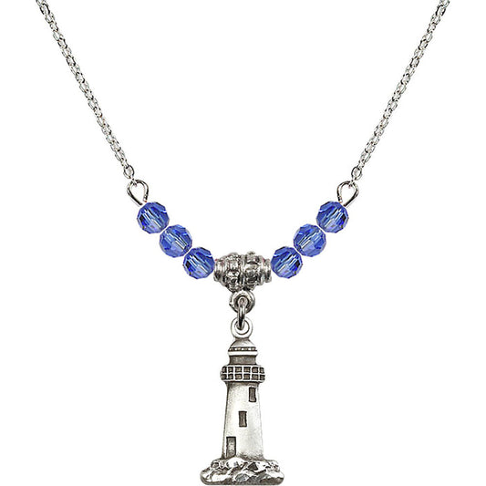 Sterling Silver Lighthouse Birthstone Necklace with Sapphire Beads - 5922