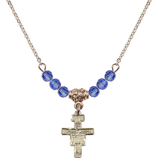14kt Gold Filled San Damiano Crucifix Birthstone Necklace with Sapphire Beads - 6078