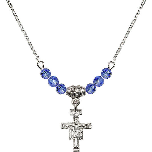 Sterling Silver San Damiano Crucifix Birthstone Necklace with Sapphire Beads - 6078