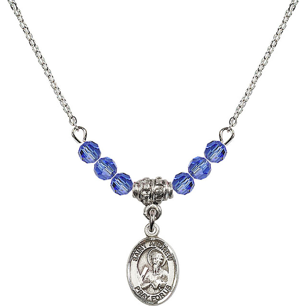 Sterling Silver Saint Andrew the Apostle Birthstone Necklace with Sapphire Beads - 9000