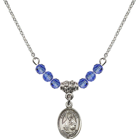 Sterling Silver Saint Albert the Great Birthstone Necklace with Sapphire Beads - 9001
