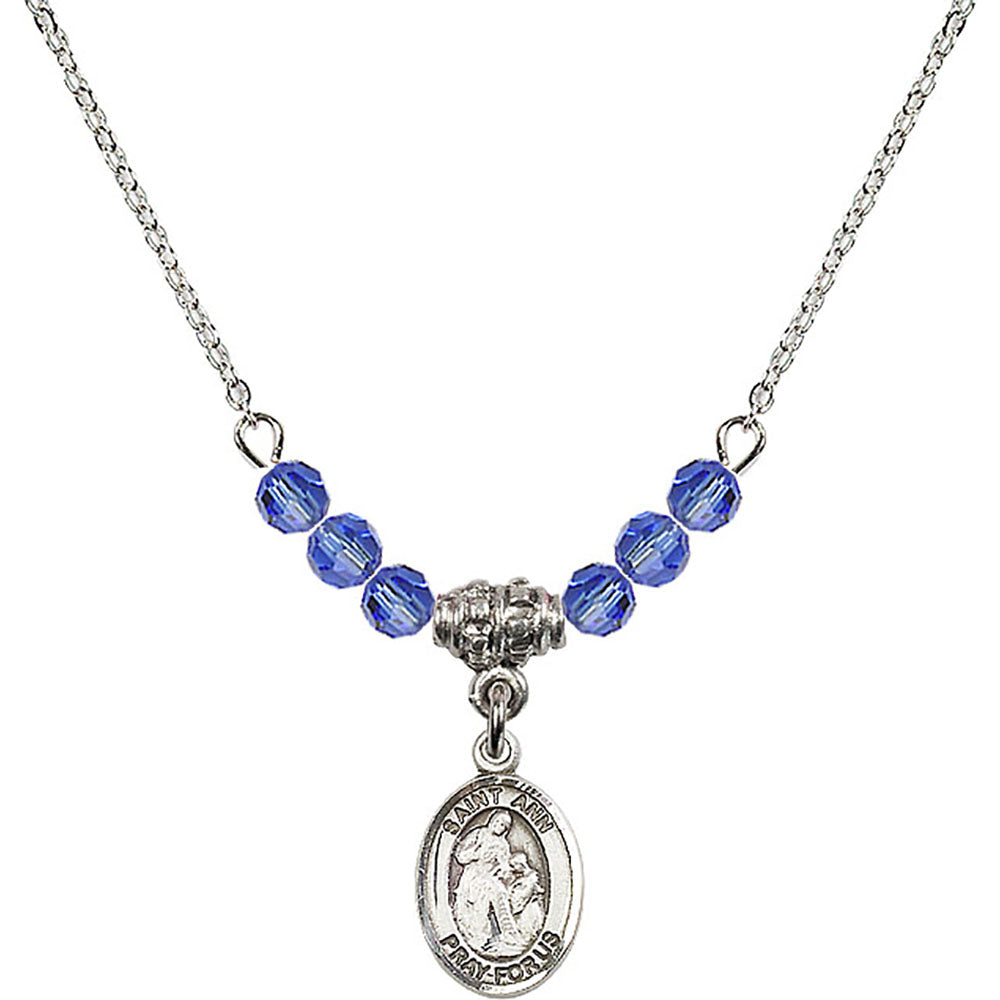 Sterling Silver Saint Ann Birthstone Necklace with Sapphire Beads - 9002