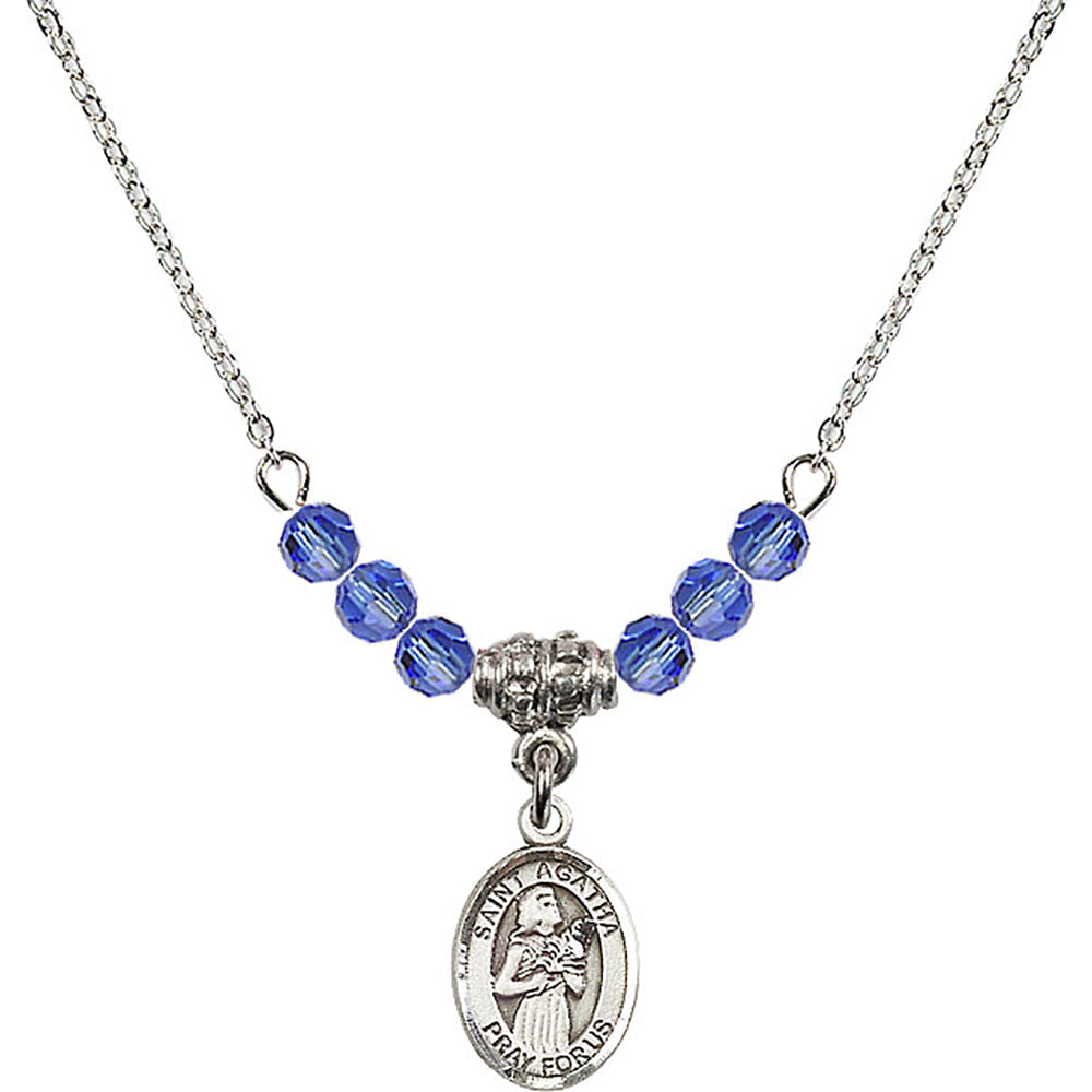 Sterling Silver Saint Agatha Birthstone Necklace with Sapphire Beads - 9003