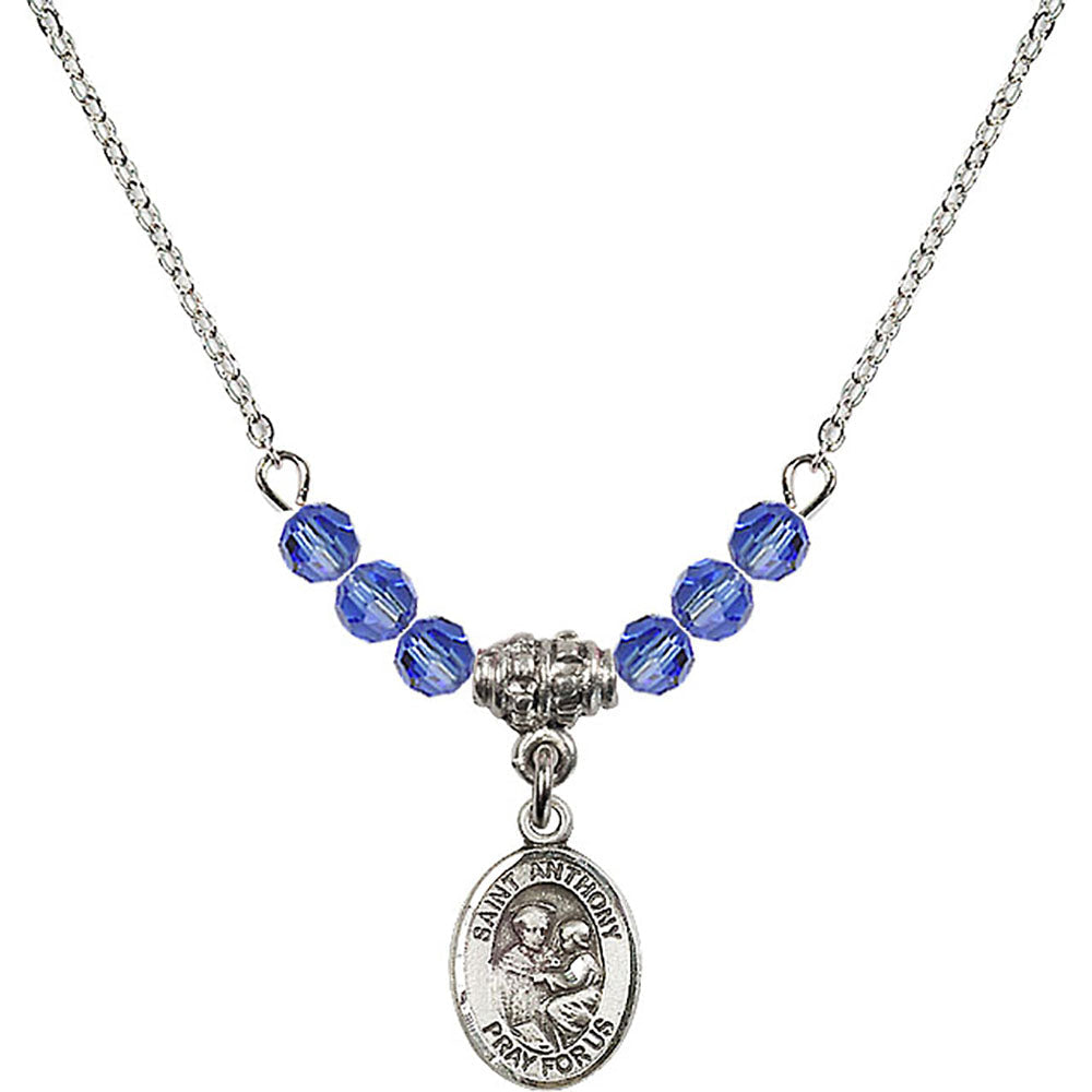 Sterling Silver Saint Anthony of Padua Birthstone Necklace with Sapphire Beads - 9004