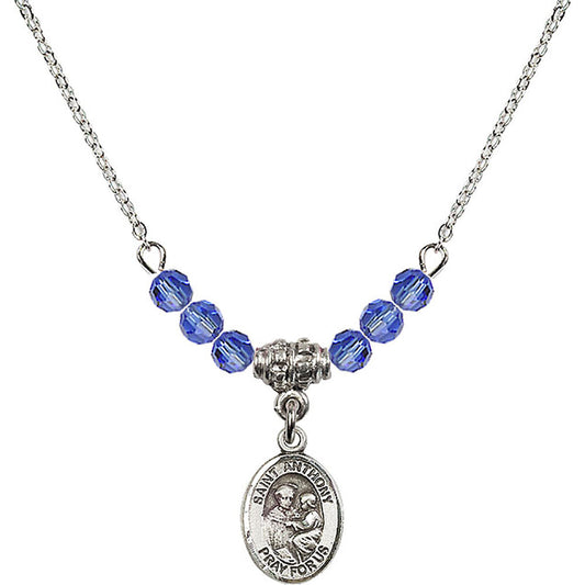 Sterling Silver Saint Anthony of Padua Birthstone Necklace with Sapphire Beads - 9004