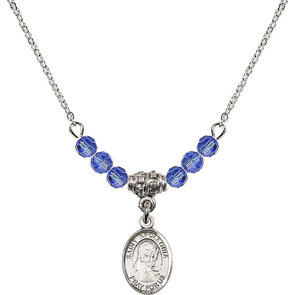 Sterling Silver Saint Apollonia Birthstone Necklace with Sapphire Beads - 9005