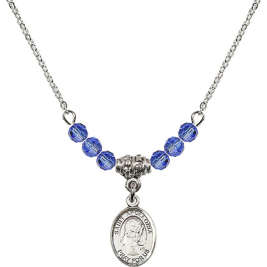 Sterling Silver Saint Apollonia Birthstone Necklace with Sapphire Beads - 9005