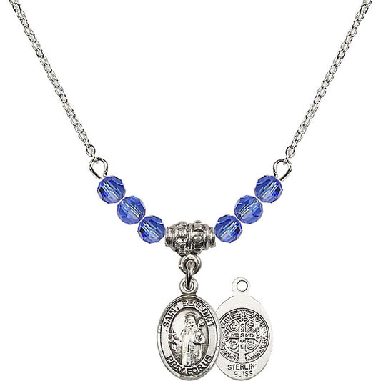 Sterling Silver Saint Benedict Birthstone Necklace with Sapphire Beads - 9008