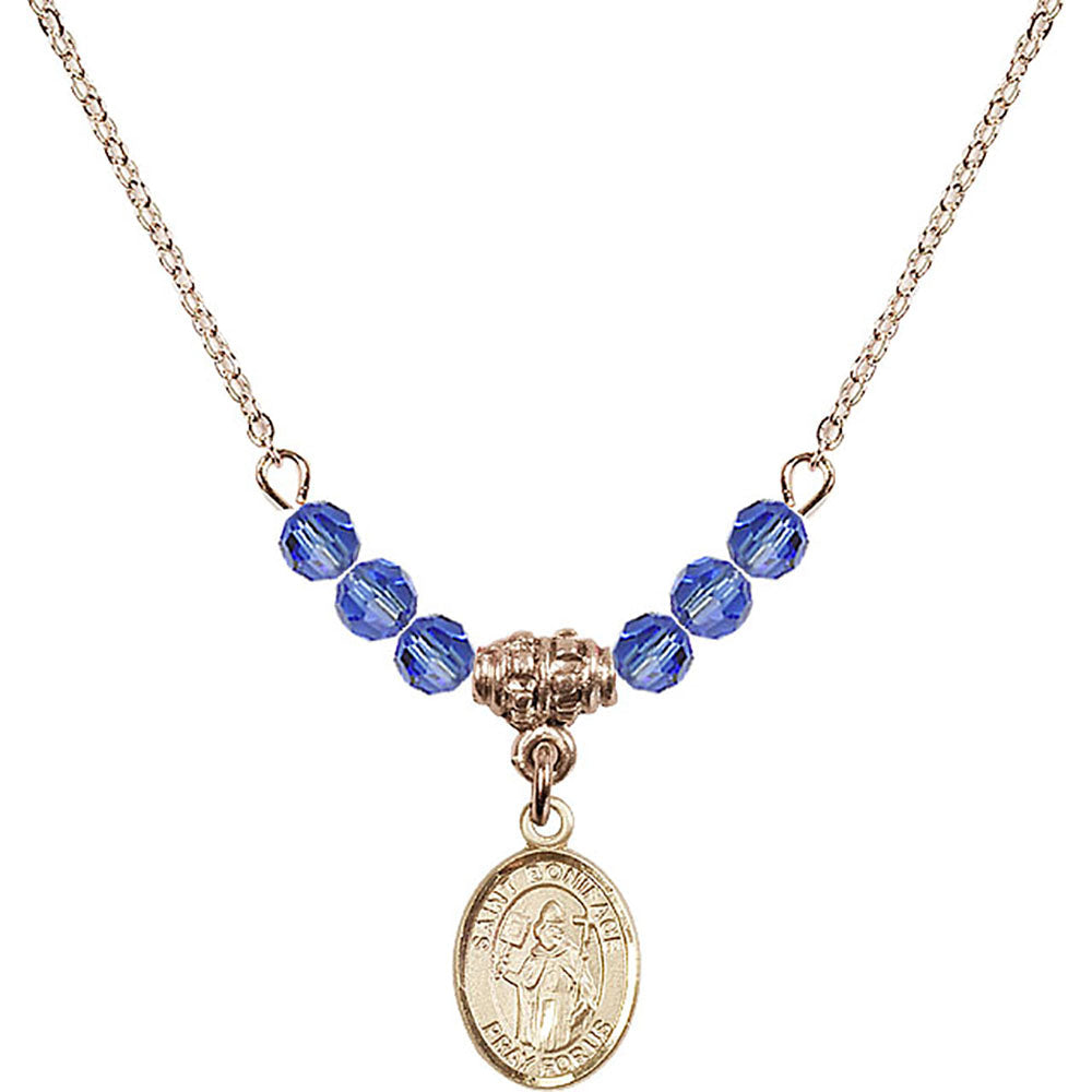 14kt Gold Filled Saint Boniface Birthstone Necklace with Sapphire Beads - 9009