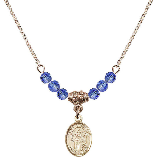 14kt Gold Filled Saint Boniface Birthstone Necklace with Sapphire Beads - 9009