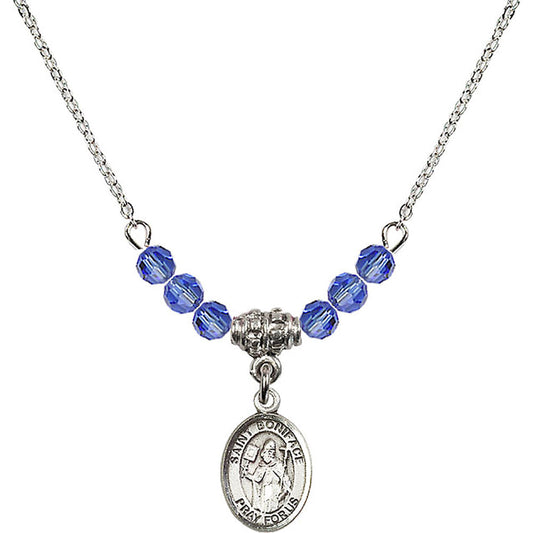 Sterling Silver Saint Boniface Birthstone Necklace with Sapphire Beads - 9009