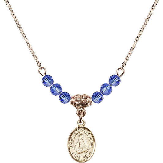 14kt Gold Filled Saint Frances Cabrini Birthstone Necklace with Sapphire Beads - 9011
