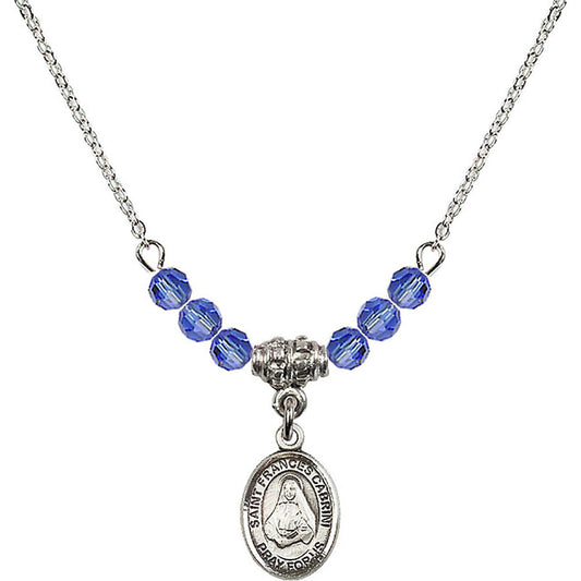 Sterling Silver Saint Frances Cabrini Birthstone Necklace with Sapphire Beads - 9011