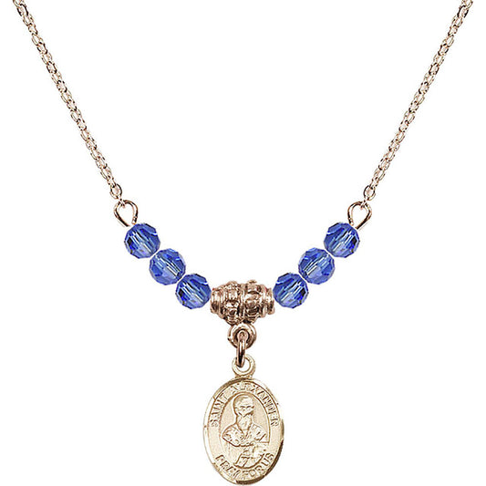 14kt Gold Filled Saint Alexander Sauli Birthstone Necklace with Sapphire Beads - 9012
