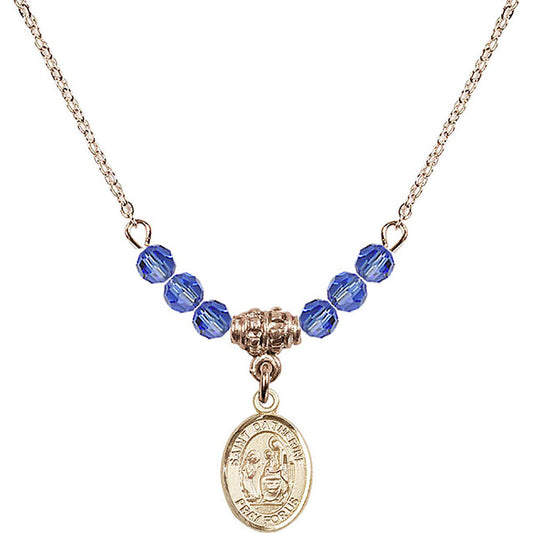 14kt Gold Filled Saint Catherine of Siena Birthstone Necklace with Sapphire Beads - 9014