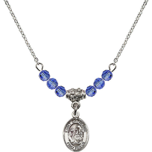 Sterling Silver Saint Catherine of Siena Birthstone Necklace with Sapphire Beads - 9014