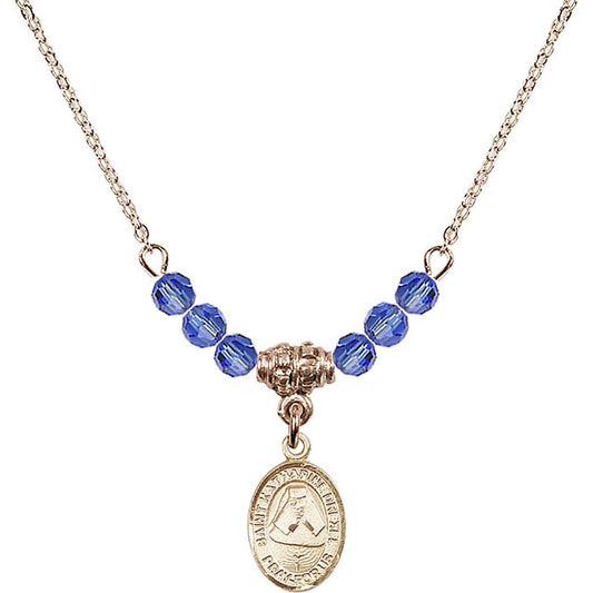 14kt Gold Filled Saint Katharine Drexel Birthstone Necklace with Sapphire Beads - 9015