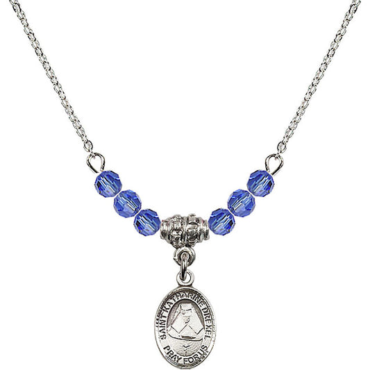 Sterling Silver Saint Katharine Drexel Birthstone Necklace with Sapphire Beads - 9015
