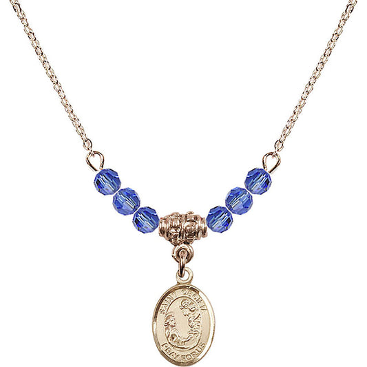14kt Gold Filled Saint Cecilia Birthstone Necklace with Sapphire Beads - 9016