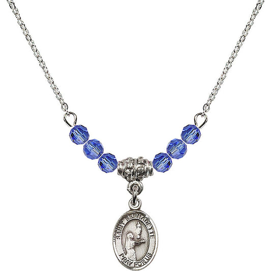 Sterling Silver Saint Bernadette Birthstone Necklace with Sapphire Beads - 9017