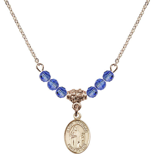14kt Gold Filled Saint Brendan the Navigator Birthstone Necklace with Sapphire Beads - 9018