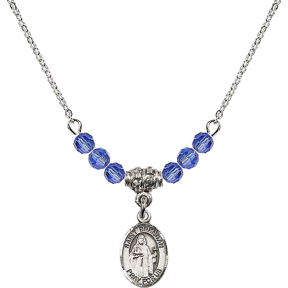 Sterling Silver Saint Brendan the Navigator Birthstone Necklace with Sapphire Beads - 9018