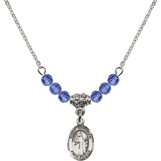 Sterling Silver Saint Brendan the Navigator Birthstone Necklace with Sapphire Beads - 9018