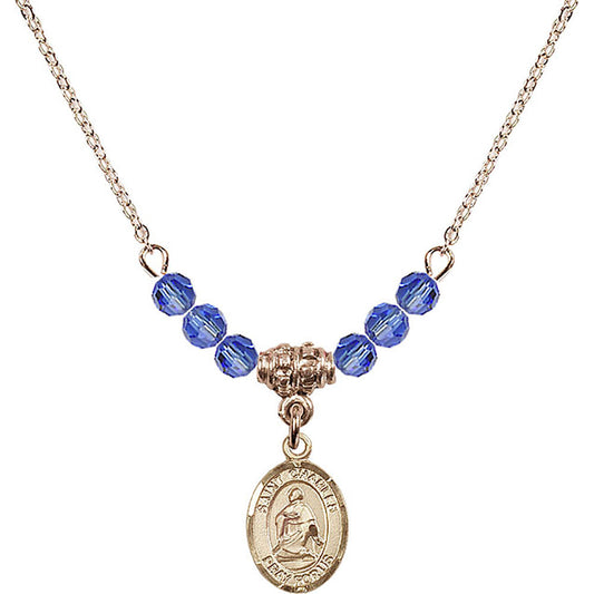 14kt Gold Filled Saint Charles Borromeo Birthstone Necklace with Sapphire Beads - 9020