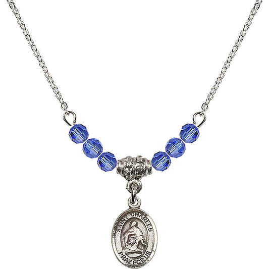Sterling Silver Saint Charles Borromeo Birthstone Necklace with Sapphire Beads - 9020