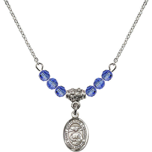 Sterling Silver Saint Catherine Laboure Birthstone Necklace with Sapphire Beads - 9021