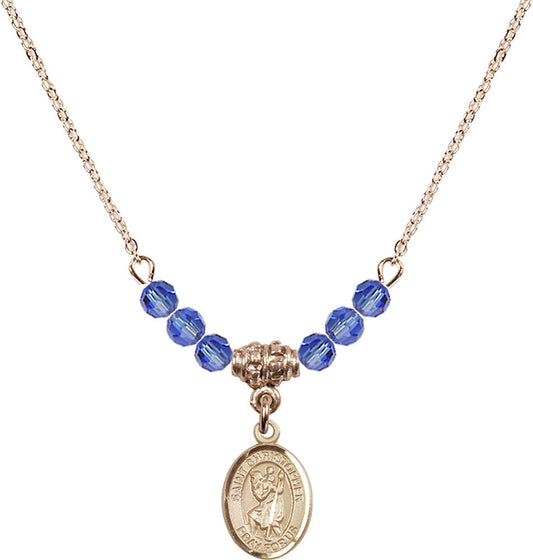 14kt Gold Filled Saint Christopher Birthstone Necklace with Sapphire Beads - 9022