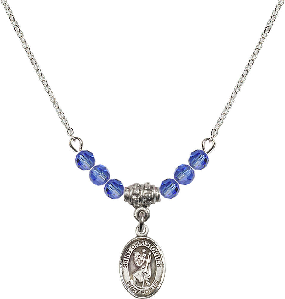 Sterling Silver Saint Christopher Birthstone Necklace with Sapphire Beads - 9022